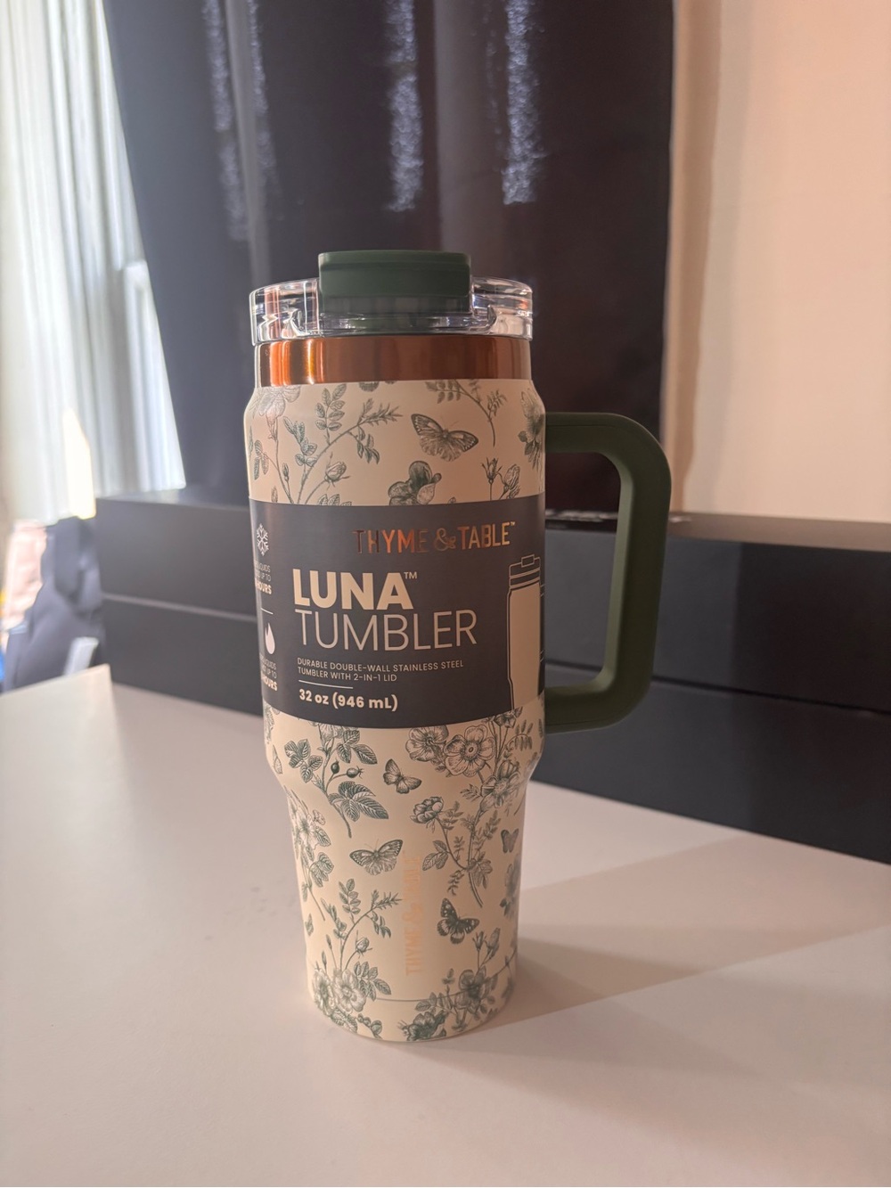 Thyme & Table Luna 32oz Floral Travel Tumbler in Cream and Green